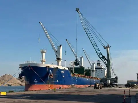 A bulk carrier alongside a terminal, worked by harbor cranes